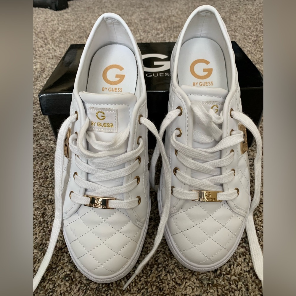 Guess White Tennis Shoes with Gold Accents